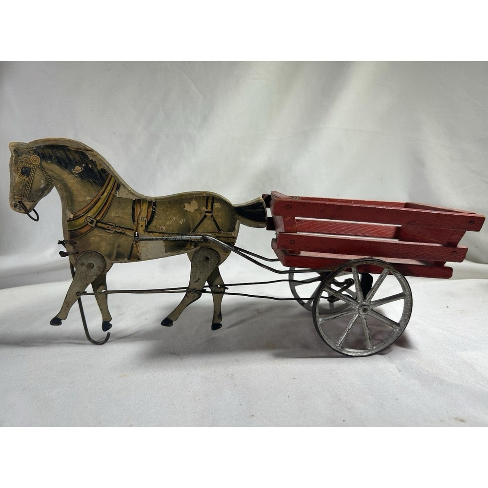 Antique Gibbs Toys Articulated 1 Horse Drawn Hay Farm Wagon Early Collectible